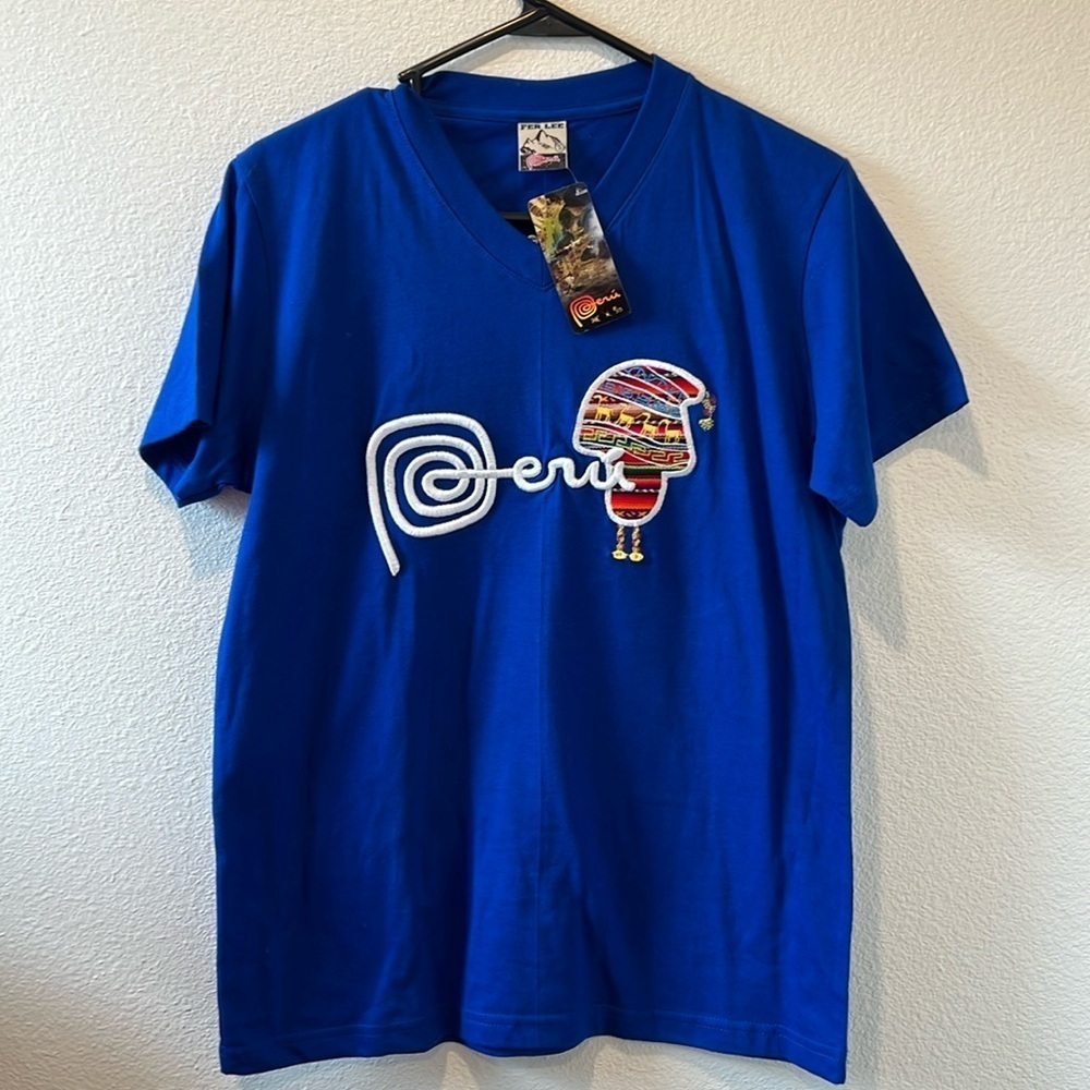 NWT Fer Le Peru V Neck Women's Royal Blue Tee with Embroidered Graphics Size S